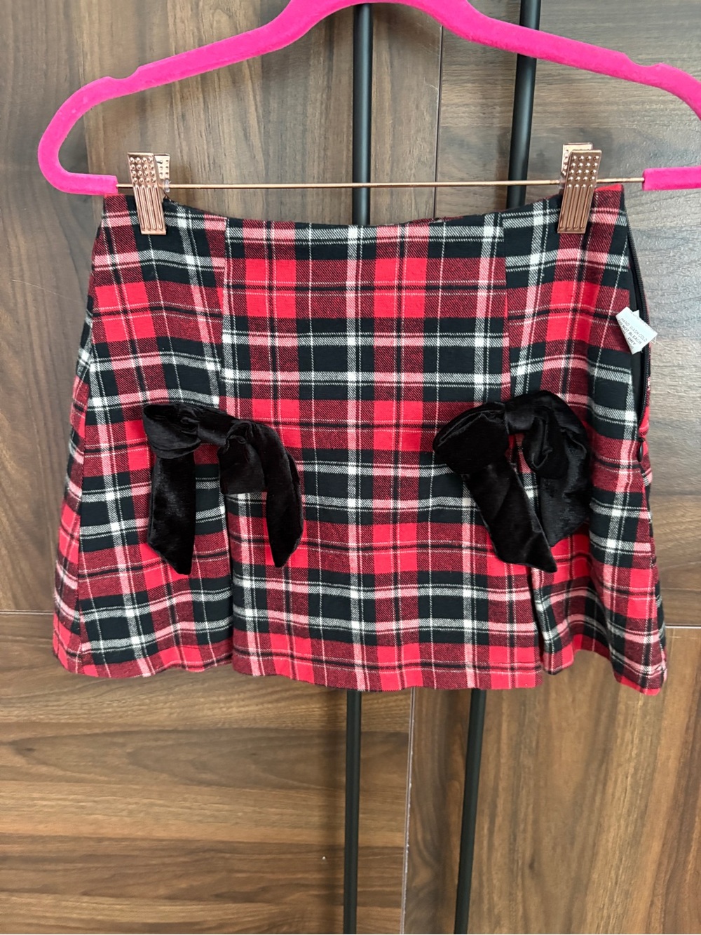 Altar'd State Red and Black Plaid Mini Skort style skirt with Velvet Bows